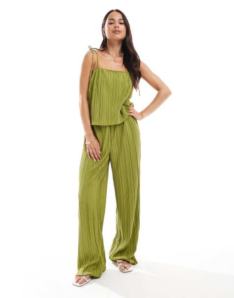 Vero Moda square neck plisse cami and wide leg pants set in olive green - view 1