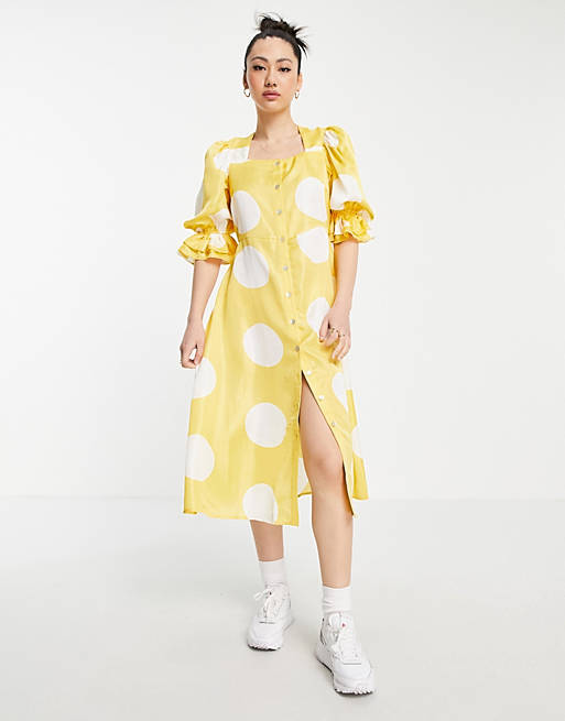 Vero Moda square neck puff sleeve midi dress in yellow & white spot