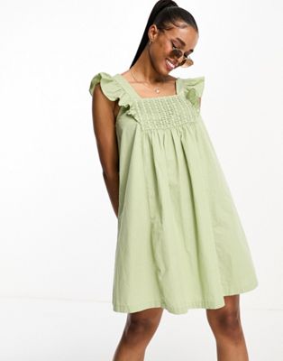 Vero Moda square neck smock mini dress with lace front in sage green - ASOS Price Checker
