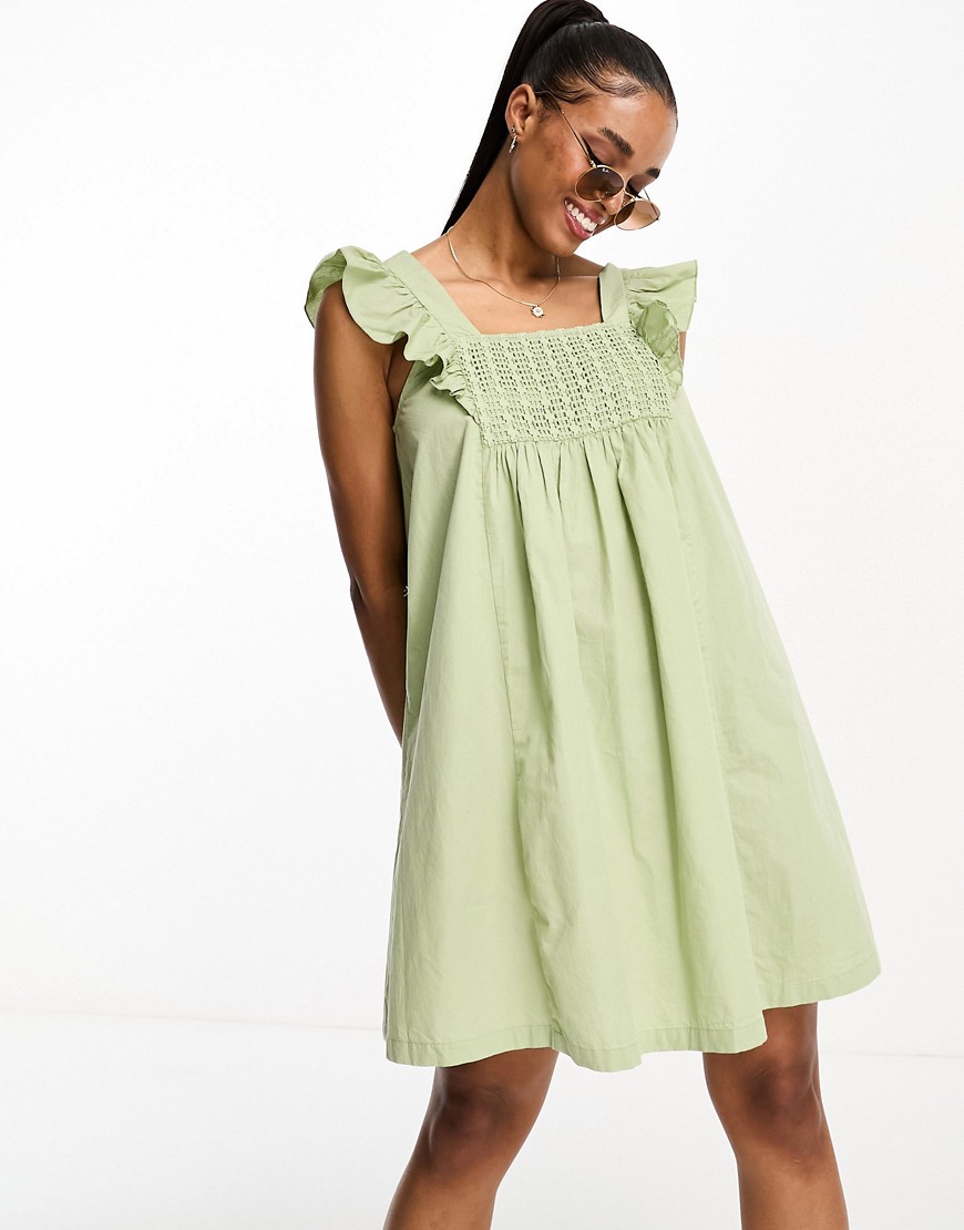 Vero Moda square neck smock mini dress with lace front in sage green