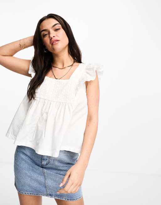 Vero Moda neck smock top with lace in white | ASOS