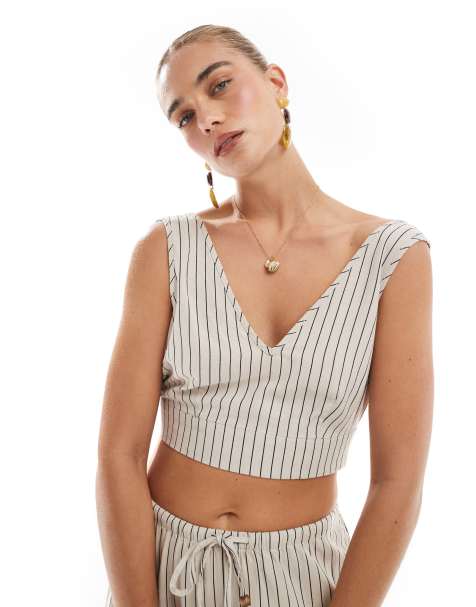 Vero Moda – Stenfärgad kort topp med linnekänsla, knytning baktill och randigt mönster, del av set - view 1