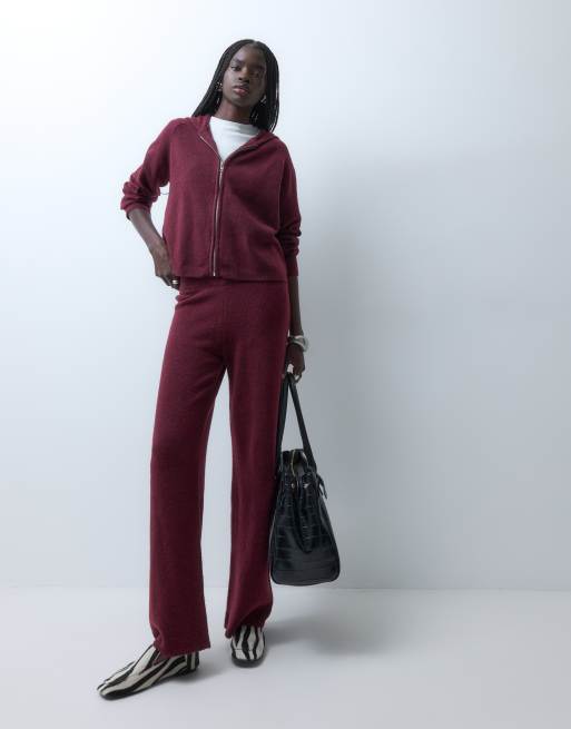 Vero Moda stickad huvtröja med dragkedja framtill, set, vinröd melange, 2 av 4