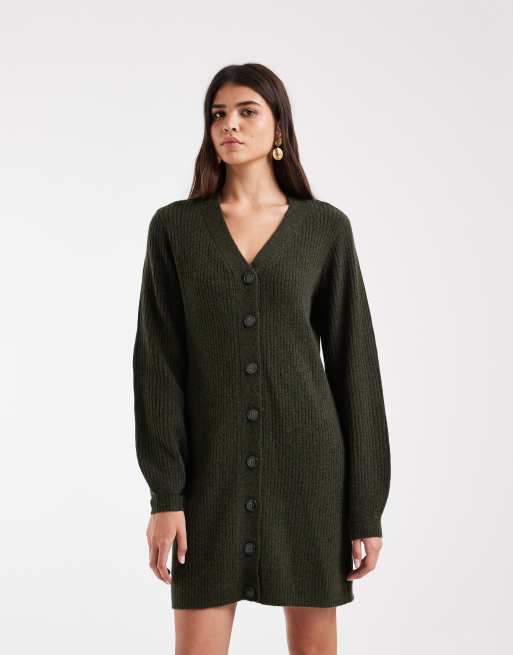Vero Moda stickad miniklänning med knappar framtill och ballongärmar i mörkgrön melange, 2 av 4