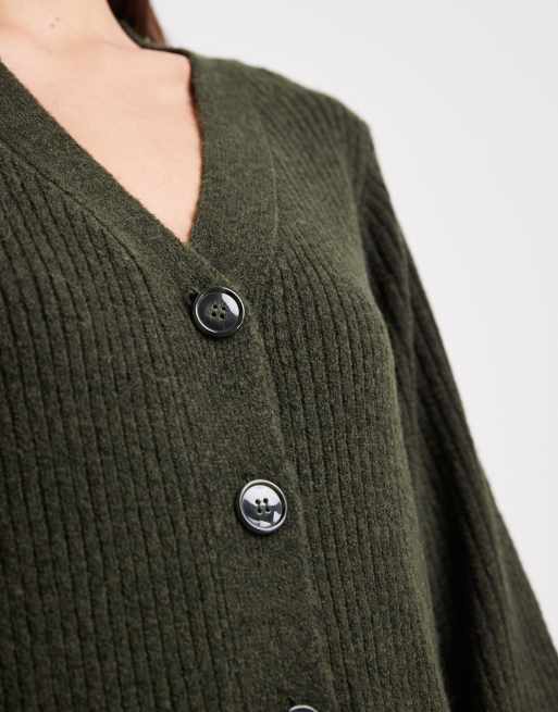Vero Moda stickad miniklänning med knappar framtill och ballongärmar i mörkgrön melange, 3 av 4