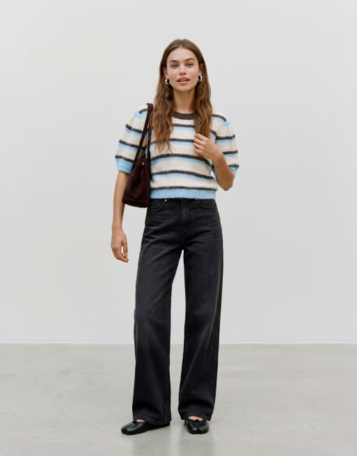 Vero Moda stickad tröja med korta ärmar i brun och blå rand, 3 av 4