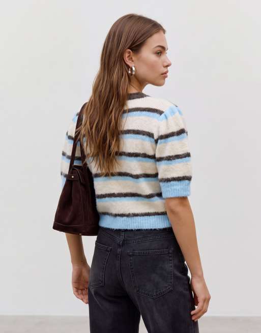 Vero Moda stickad tröja med korta ärmar i brun och blå rand, 4 av 4