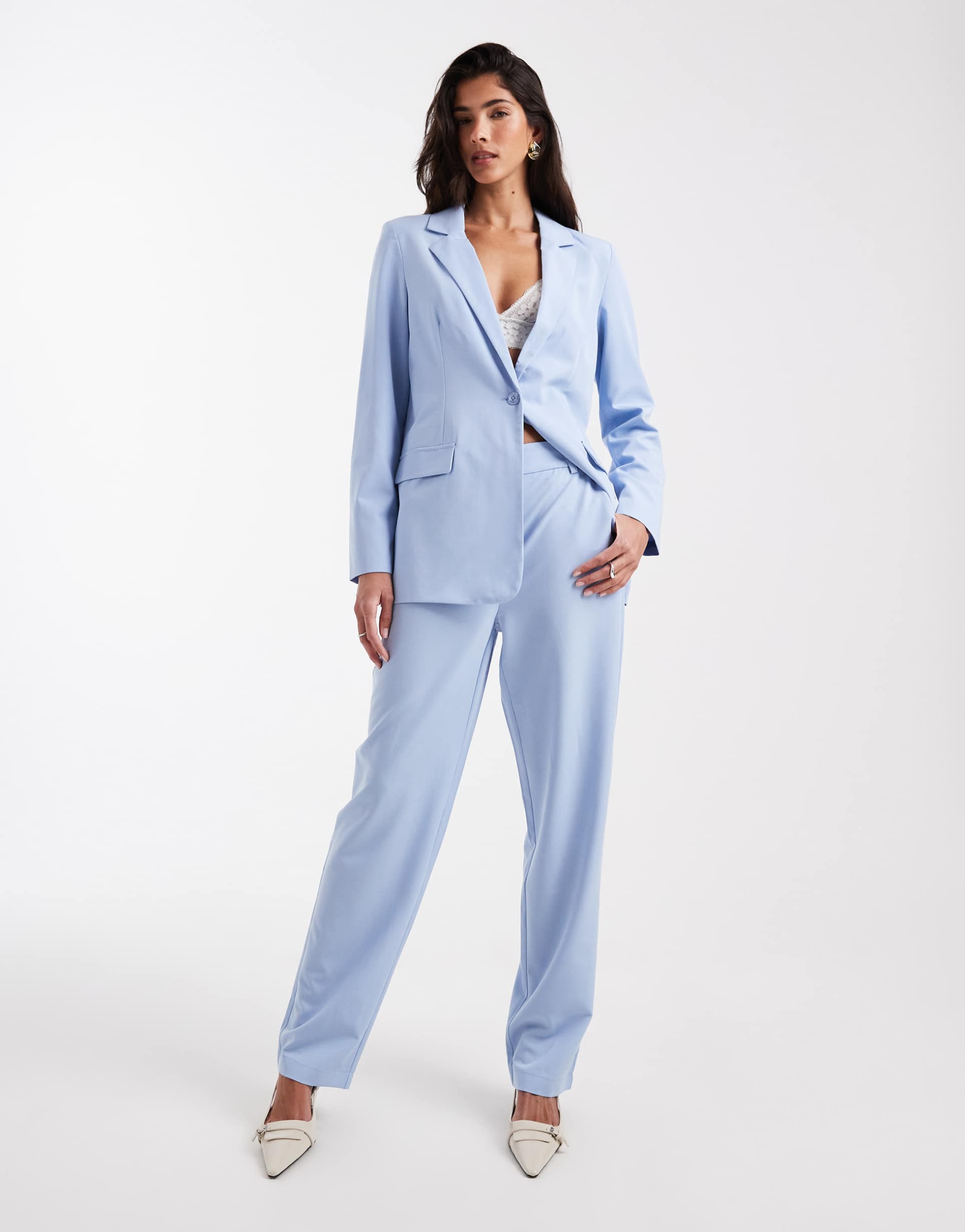 vero moda straight leg tailored pants in brunnera blue - part of a set