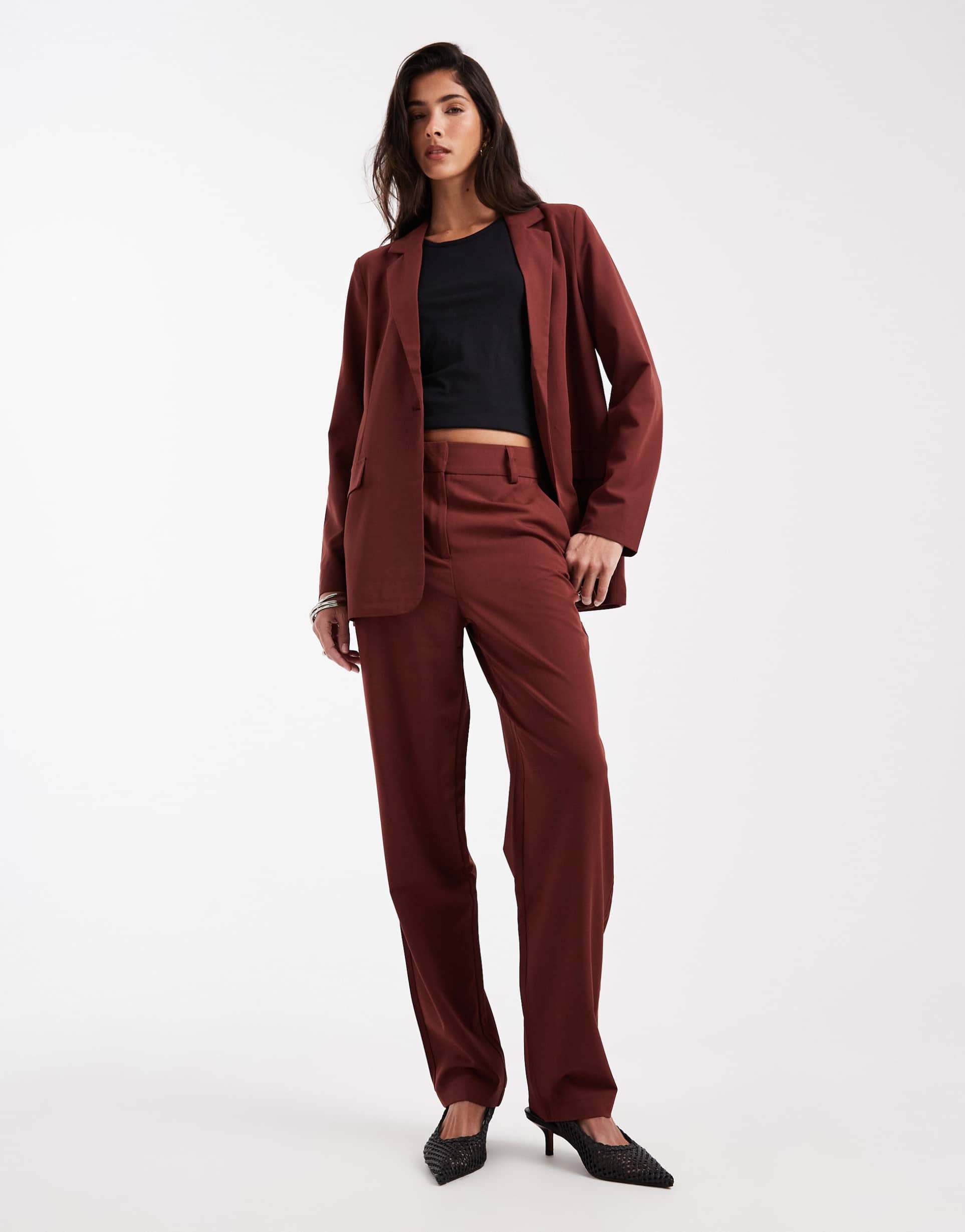 vero moda straight leg tailored pants in burgundy - part of a set