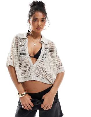 Vero Moda - Strandhemd aus weitmaschigem Strick in Birkenweiß mit Paillettenbesatz-Neutral