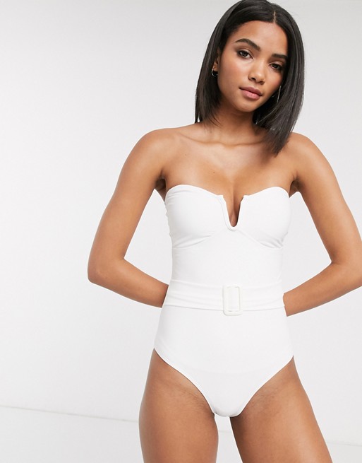 Vero Moda strapless swimsuit with belt in white