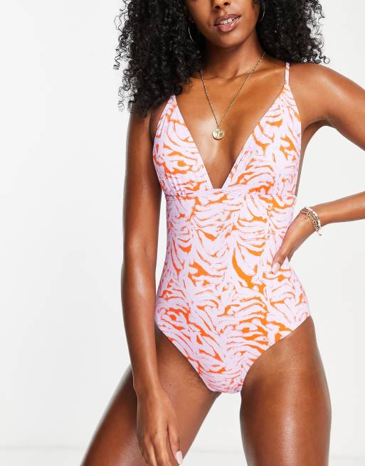 Vero Moda Strappy Swimsuit In Pink And Red Print Asos