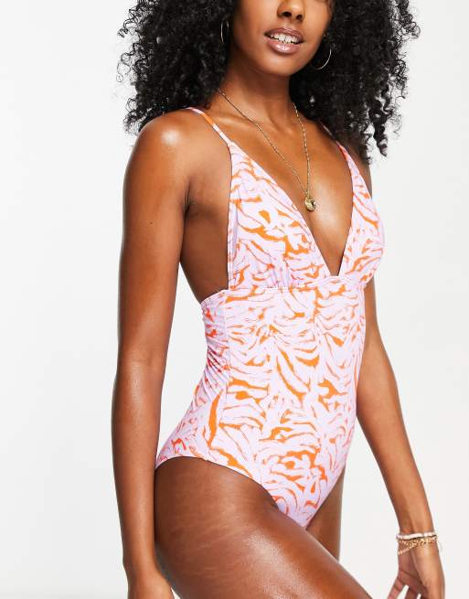 Vero Moda Strappy Swimsuit In Pink And Red Print Asos