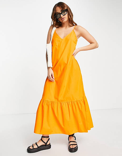 Vero Moda strappy tiered midi dress in orange