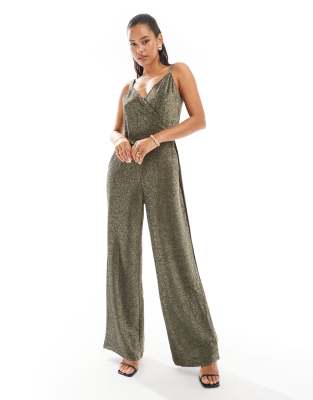 strappy wide leg jumpsuit in black and gold glitter