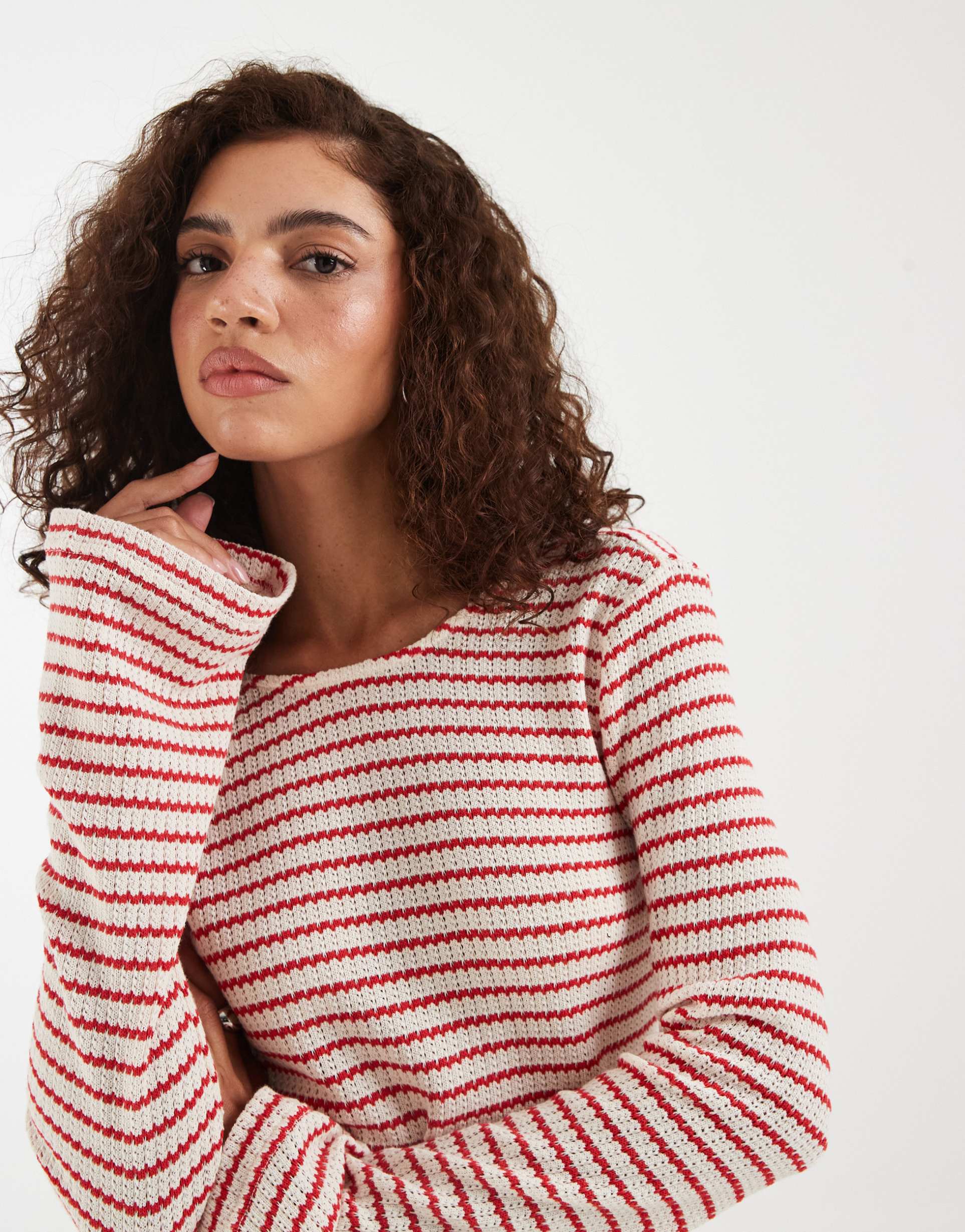 vero moda stretch crochet knit bell sleeve mini dress in red and cream stripes
