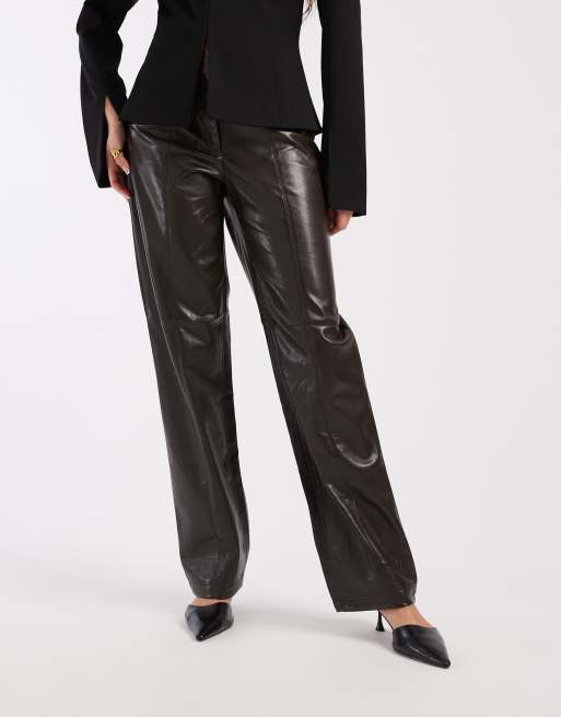 Vero Moda stretch faux leather straight leg trouser in chocolate, 2 of 5