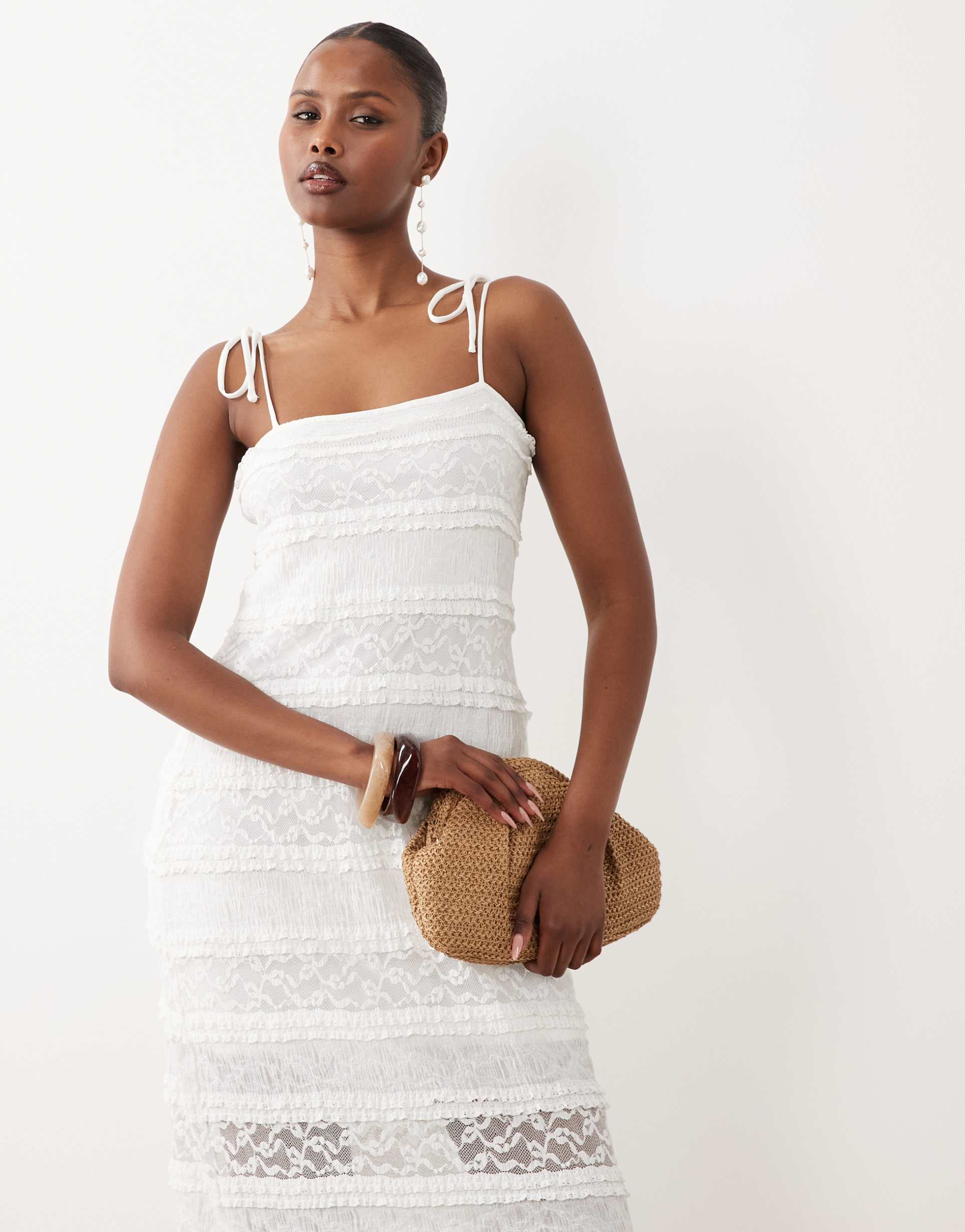 vero moda stretch floral lace maxi dress with tie cami straps in white