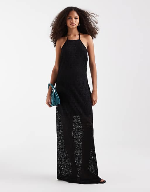 lace halter dress black SERENADE MAXI | THIRD FORM The halter neck fastening frames the dcolletage beautifully Women's Lace Halter Maxi Dress