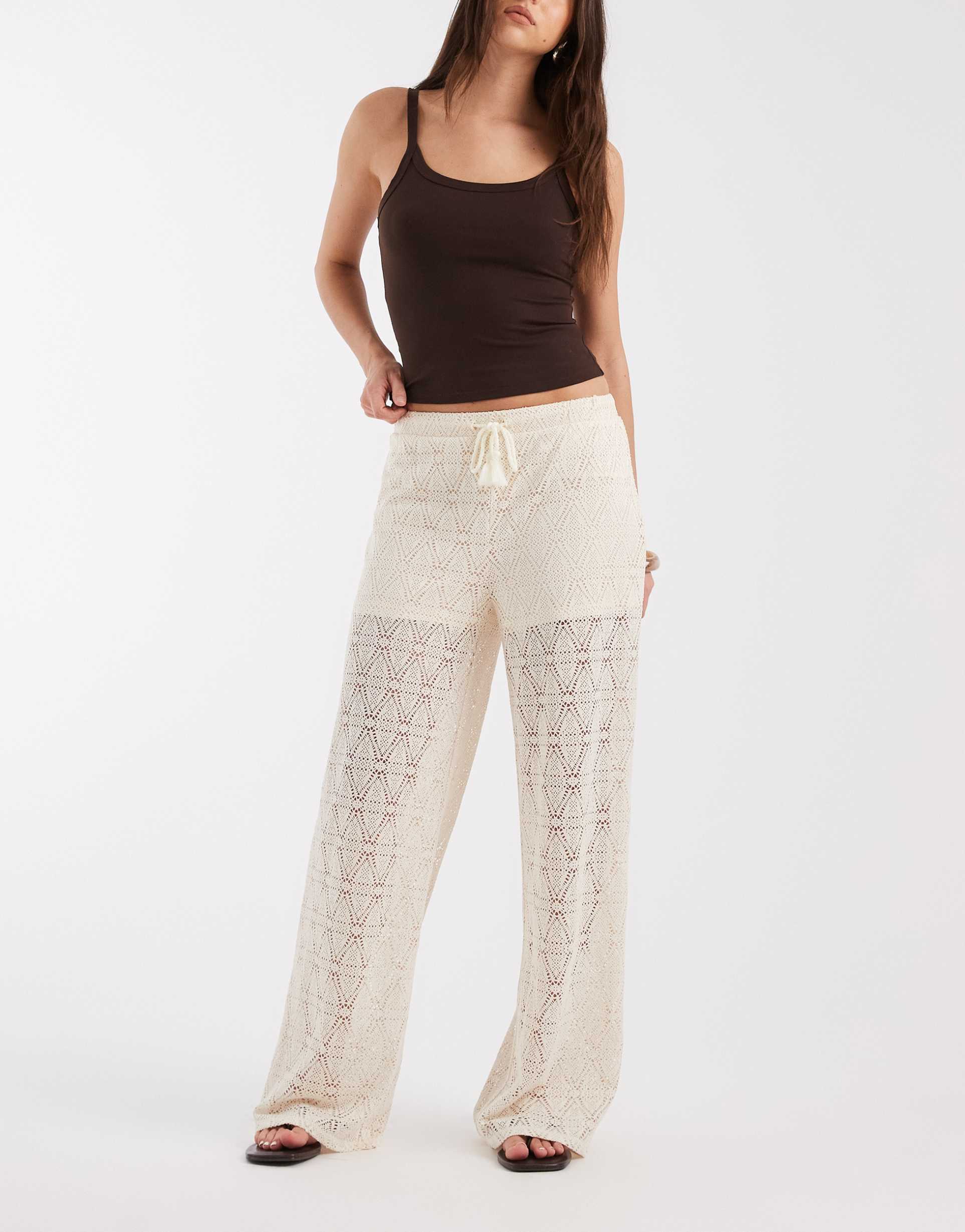 vero moda stretch lace wide leg pants in cream