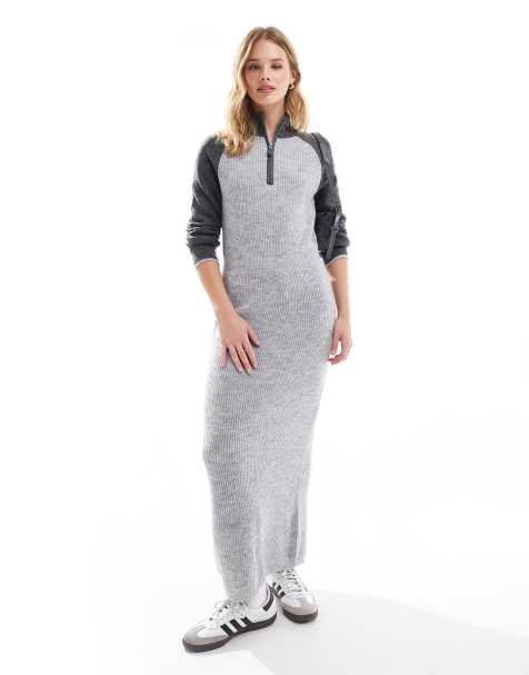 Vero Moda – Strickkleid in Grau mit Blockfarben-Design, Polokragen und Reißverschluss vorn - view 1