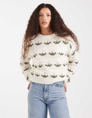 Vero Moda - Strickpullover in Creme mit Tulpenblumenmuster-Weiß