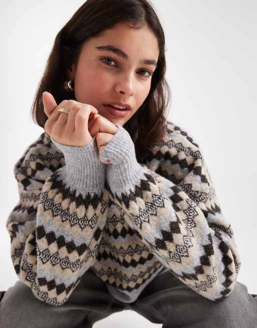 Vero Moda – Strickpullover mit hohem Ausschnitt, Blousonärmeln und Rautenmustern in neutralen Farbtönen, 2 von 4