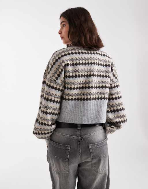 Vero Moda – Strickpullover mit hohem Ausschnitt, Blousonärmeln und Rautenmustern in neutralen Farbtönen, 3 von 4