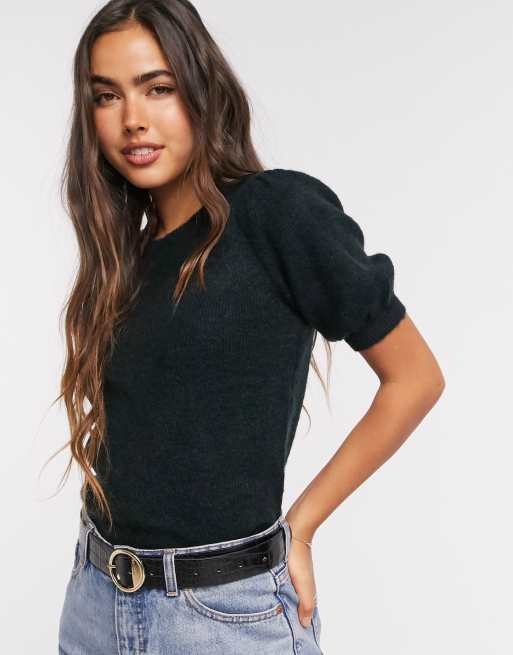 Vero Moda – Strickpullover mit kurzen Puffärmeln in Schwarz