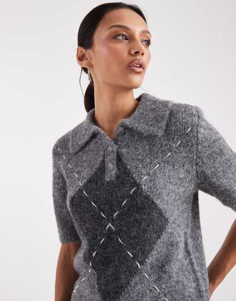 Vero Moda - Strikket gråmeleret poloskjorte med argyle-syninger - view 1