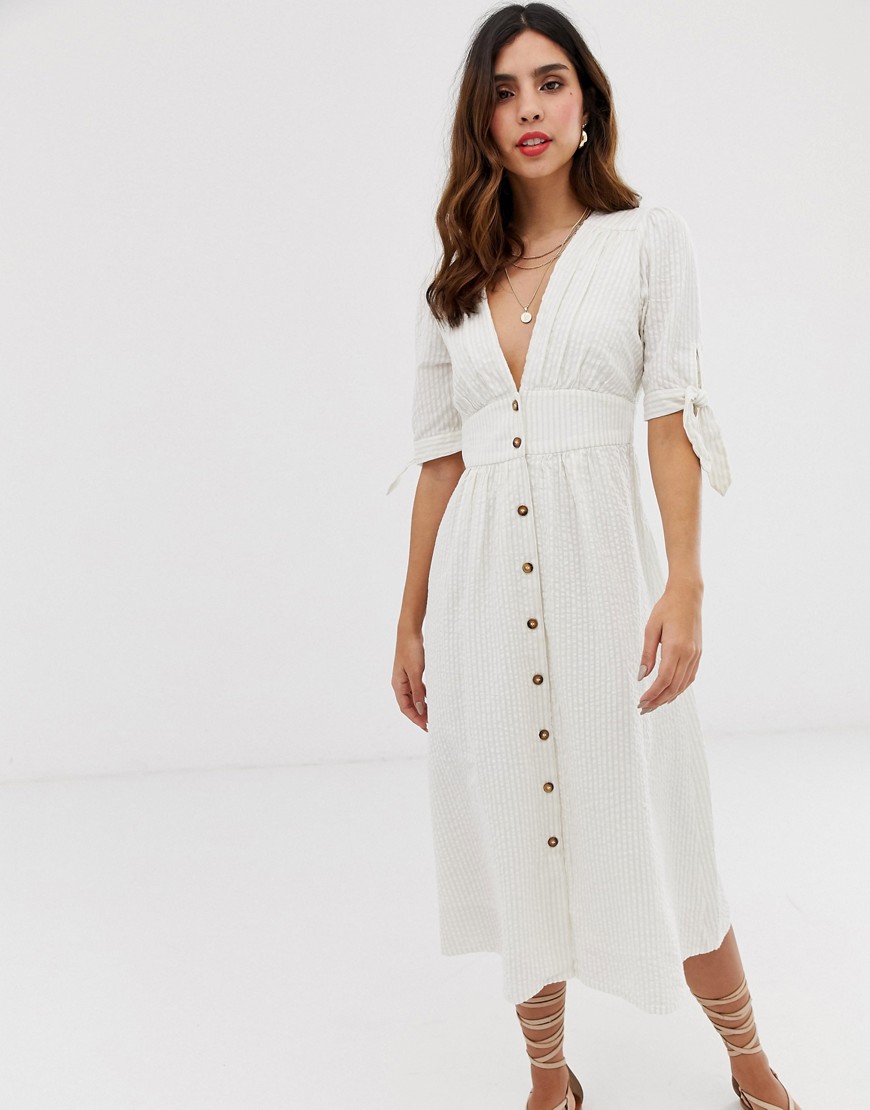 Vero Moda stripe button through midi dress in casual textured cotton-Multi