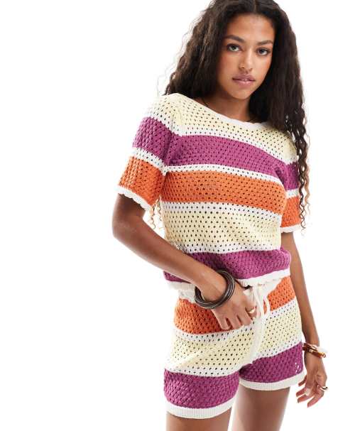 Vero Moda stripe crochet short sleeve top with scallop trim in multicolour (part of a set) - view 1