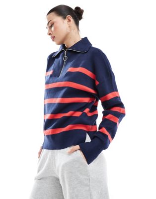 Vero Moda stripe zip through jumper in Navy and red stripe
