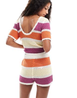Vero Moda Striped Crochet Short Sleeve Top With Scallop Trim In Multi