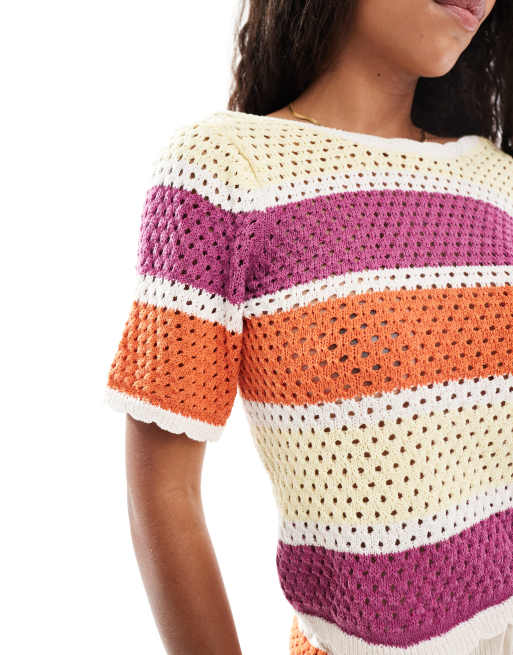 Vero Moda striped crochet short sleeve top with scallop trim