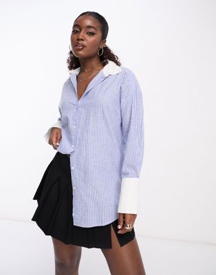 Vero Moda striped longline shirt with deep cuff in blue - ASOS Price Checker