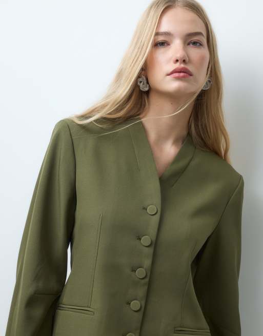 Vero Moda structured collarless blazer in green, 2 of 4