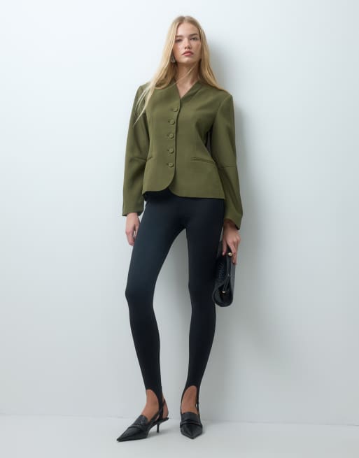 Vero Moda structured collarless blazer in green, 3 of 4