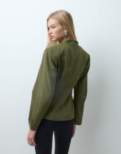 Vero Moda structured collarless blazer in green, 4 of 4