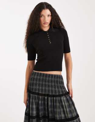 Vero Moda Structured Knit 1/2 Sleeve Button Front Polo Top In Black