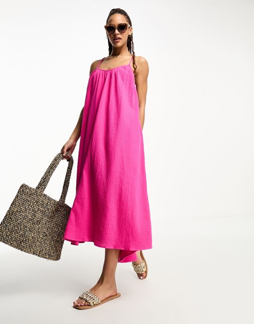 Vero Moda – Strukturiertes Midi-Trägerkleid zum Reinschlüpfen aus rosa Baumwolle