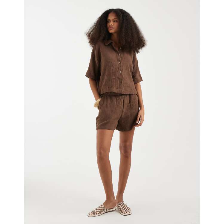 VEVESMUNDO Dames zomer korte mouwen mousseline blouse hemd en shorts tweedelige korte set katoen strand outfit set maat 36 38 40 42, Donker oranje, S