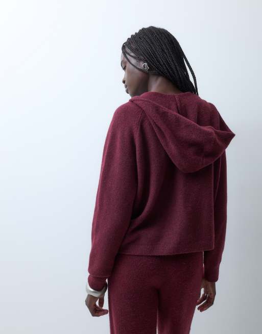 Vero Moda sudadera con capucha de punto con cremallera frontal, conjunto en melange burdeos, 4 de 4
