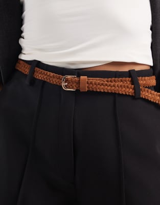 Vero Moda suede plait belt with gold buckle in cognac-Brown