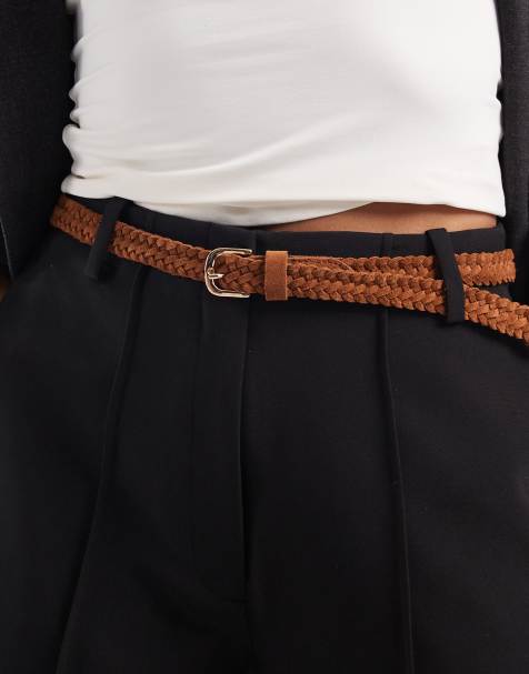 Vero Moda suede plait belt with gold buckle in cognac - view 1
