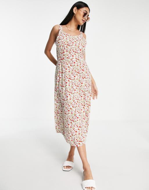 Vero Moda – Sukienka midi na cienkich ramiączkach w jaskrawy czerwony wzór