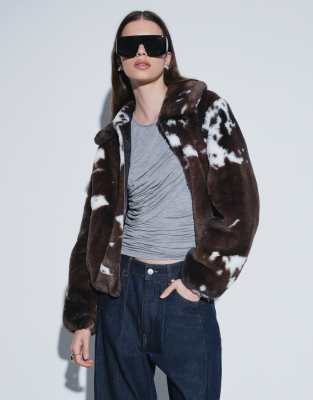 Vero Moda Super Soft Cow Print Faux Fur Jacket In Brown