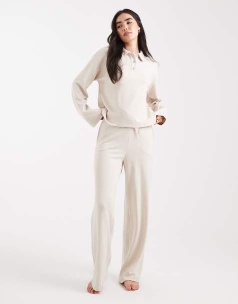 Vero Moda super soft polo sweat and wide leg trackies set in cream - view 1