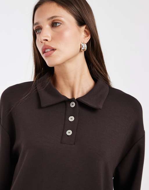 Vero Moda super soft polo sweat top co-ord in chocolate brown, 2 of 4