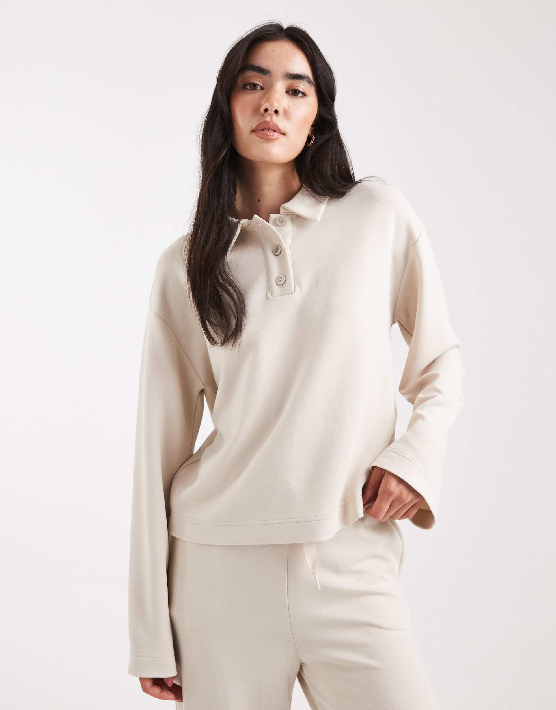 vero moda super soft polo sweatshirt top in cream - part of a set